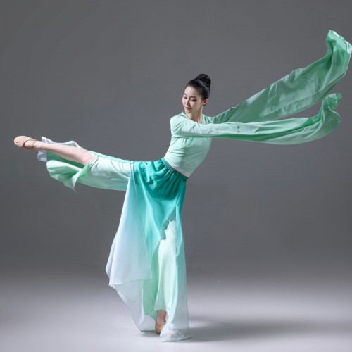 Green turquoise gradient waterfall sleeves chinese classical dance costumes for women girls Hanfu fairy ancient princess stage performance dresses for female